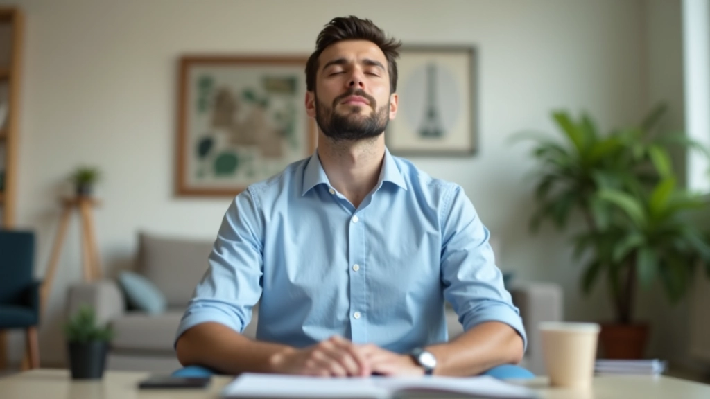 Muž v meditativní pozici se zavřenýma očima, soustředěný na kontrolu dechu, osvětlená místnost s klidným prostředím