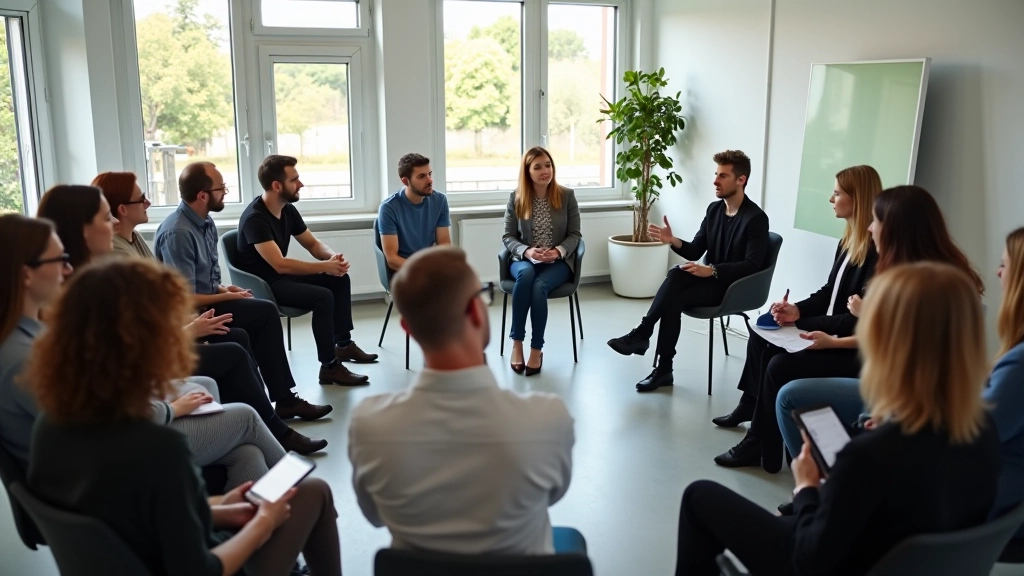 Interaktivní workshop se skupinou účastníků sedících v kruhu, lektor demonstruje techniky